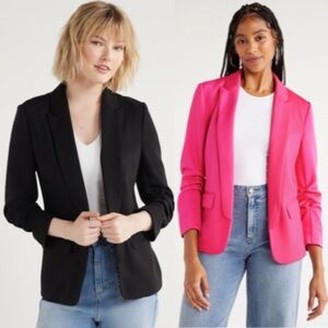 Women’s Scoop Relaxed Scuba Knit Blazer with Scrunched Sleeves- Black & Pink